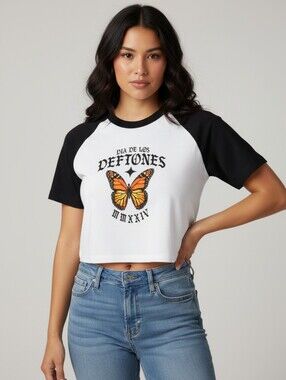 Deftones Summer Women's White & Black Raglan Crop Top with Orange Butterfly